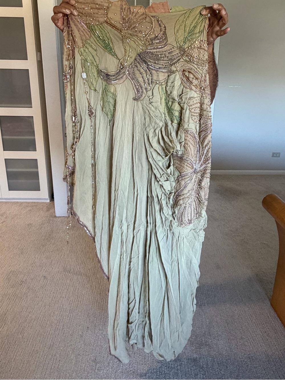 Embellished Sage Green Maxi Dress with Beaded Floral Detail